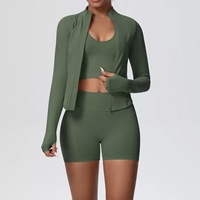 Ensemble de sport 3 pièces respirant et léger à carreaux : Cardigan à manches longues avec trous pour les pouces et short cycliste élastique à taille élastique