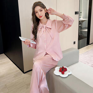 Ensemble <span class=keywords><strong>de</strong></span> pyjama Icesilk pour femmes couleur unie à manches longues et <span class=keywords><strong>pantalon</strong></span> 2 pièces printemps automne vêtements <span class=keywords><strong>de</strong></span> détente respirant élégant Homewear - Product Image 4