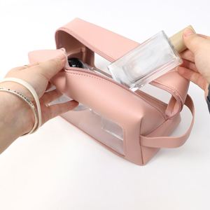 PU Leather <b>Transparent</b> Window Cosmetic <b>Bag</b> Durable <b>Makeup</b> BagPortable Toiletry Pouch with Handle - Product Image 3