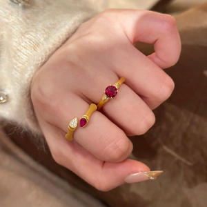 Bague empilable pour femme en cuivre doré, incrustée de diamants et de <span class=keywords><strong>rubis</strong></span> en forme de poire, avec motif nœud de bambou - Product Image 5