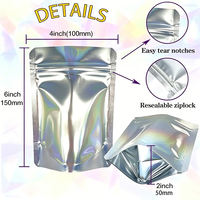 Lot de 100 sacs holographiques Mylar double face de 4x6 pouces, anti-odeur, refermables avec fermeture éclair, en aluminium, pour emballage alimentaire