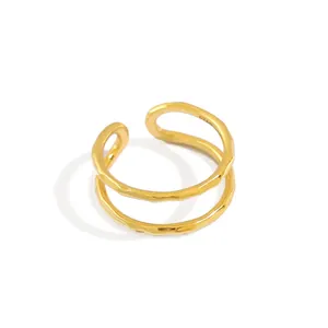 Bague ouverte martelée avec Double ligne en or pour femme, anneau de doigt massif, bijoux vente en gros, cadeaux