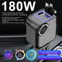 Pengisi Daya Mobil 6 in 1 180W Tipe-C Retractable QC3.0 PD3.0 Pengisian Cepat Layar LED Lampu Ambient Pemantik Rokok