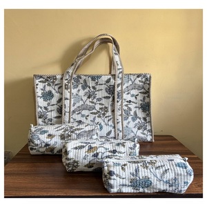 Sac fourre-tout matelassé en coton personnalisé à imprimé floral, ensemble de 3 pochettes, sac de marché, sac à bandoulière, prix de gros - Product Image 1