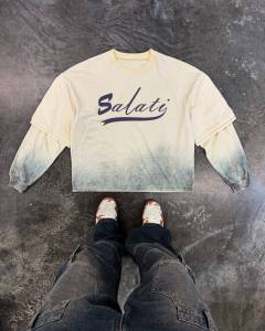 Salati Nhà Sản Xuất Tùy Chỉnh 3D Dập Nổi Cổ Điển Rửa Axit Crew Cổ T-Shirt Hai Lớp Người Đàn Ông Của Dài Tay Áo T-Shirt" - Product Image 1