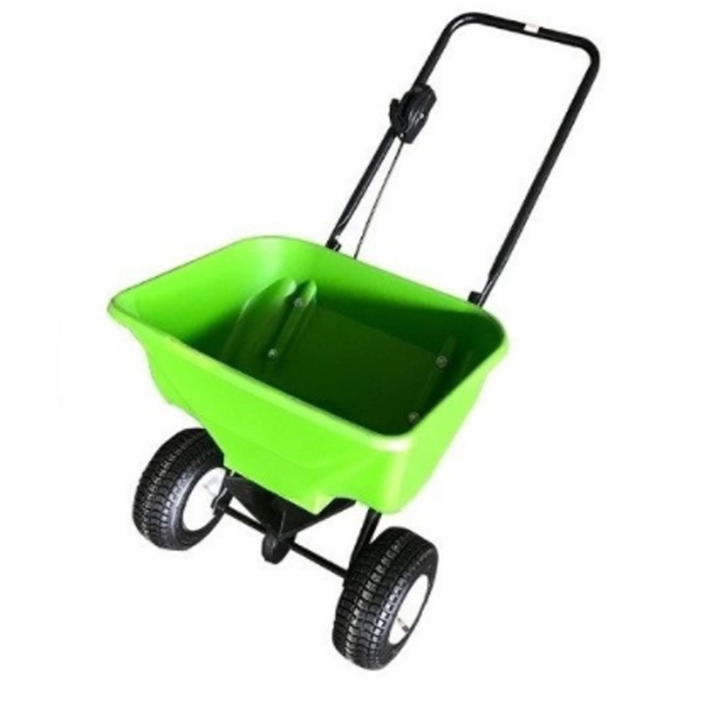 Container type rolling plastic seed salt spreader tool cart with two wheels