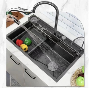Multifunctional Double Bowl <strong>Kitchen</strong> Sink Large Size Scratch-Resistant LED Digital Display Waterfall Cupware Cleaning Rack <strong>Apron</strong> - Product Image 1