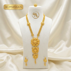 Luxury African Bridal Gold Plated Long <b>Necklace</b> Set for Women Traditional Nigerian Wedding Jewelry with Matching Earrings & <b>Ring</b> - Product Image 1