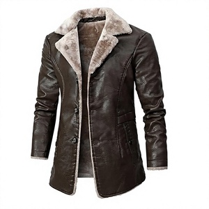 Cappotto <span class=keywords><strong>Trench</strong></span> da <span class=keywords><strong>Uomo</strong></span> in <span class=keywords><strong>Pelle</strong></span> <span class=keywords><strong>Marrone</strong></span> di Media Lunghezza con Fodera in Ecopelliccia, Colletto Rovesciato, Antivento, Giacca Invernale Vestibilità Regolare Stile Moto - Product Image 1