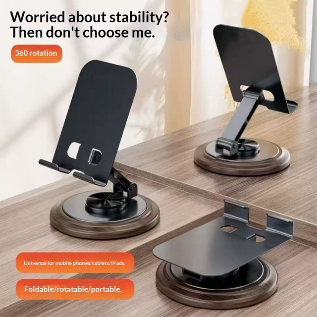 New Walnut Wood Standing Type Heavy-Duty 360-Degree Rotating Foldable Portable Desktop Phone Stand for Live Streaming
