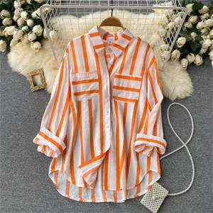 Women's one size lapel multicolor plaid long sleeve fashion shirt leisure blouse