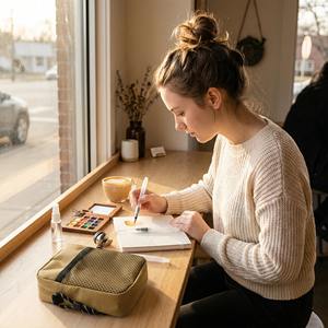 Ensemble de <span class=keywords><strong>peinture</strong></span> miniature portable pour les voyages, équipé d'un coffret en bois de noyer contenant des peintures à l'aquarelle, des pinceaux, un carnet et un sac bandoulière - Product Image 2