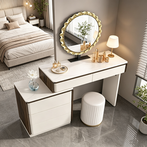 Coiffeuse moderne blanche avec miroir rond, meuble de rangement et tabouret pour chambre à coucher - Product Image 5