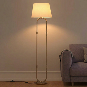 Modern Brass Floor Lamp Beige Fabric Drum Shade Large Warm <b>Light</b> Residential Use - Product Image 1