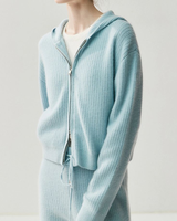 Ensemble de vêtements de détente en cachemire côtelé de luxe personnalisé, deux pièces, cardigan à capuche zippé, pantalon large à cordon de serrage, confortable et chaud