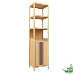 Armario de Almacenamiento Estrecho de Bambú Alto con Estantes Abiertos y Puerta Corredera Ventilada de Listones, Organizador Independiente para Baño - Product Image 4