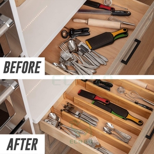 Separadores de cajón ajustables con resorte de bambú de 4 piezas, ideales para la organización de cajones de basura de cocina y oficina - Product Image 6