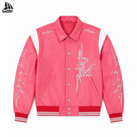 Veste universitaire de luxe personnalisée pour homme en cuir PU rose avec broderie lourde, style streetwear, fabriquée par un fabricant de blousons bomber