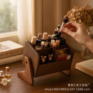 Wooden <b>Desktop</b> Cosmetic Organizer Solid Wood Makeup Brush Lipstick Storage Rack For Skincare Perfume Jewelry Household Use - Product Image 2