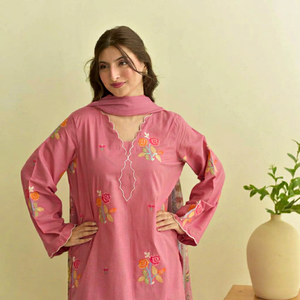 Pink Embroidered Cotton Quick Dry Midi Length <b>Kurta</b> Set <b>Women</b> Traditional Loose Fit Casual Wear India & Pakistan Style - Product Image 1