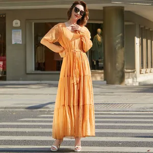Đầm Phù Dâu Phong Cách Boho Cho Nữ, Váy Maxi Nữ Phong Cách Sàn Diễn Rộng Thoải Mái Vải Voan Màu Kẹo Ngọt Hippie 2021