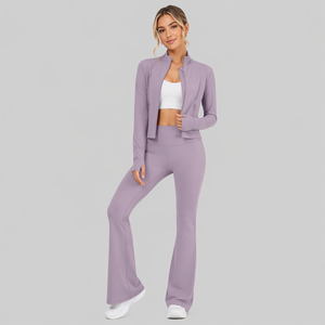 Ensemble de yoga 2 pièces inspiré de <span class=keywords><strong>Lulu</strong></span> avec logo personnalisé pour femme : veste courte à col montant et pantalon de yoga évasé taille haute - Product Image 6