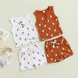 Unisex Custom Two-Piece Set for <strong>Newborn</strong> Babies Moon Printing <strong>Vest</strong> and Shorts Summer Cotton Outfits for Boys and Girls - Product Image 1