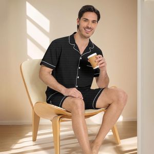 ชุดนอนผู้ชายแขนสั้นผ้าวาฟเฟิลเนื้อคอตตอน ชุดนอนติดกระดุมมีกระเป๋า ชุดลำลอง กางเกงขาสั้น - Product Image 3