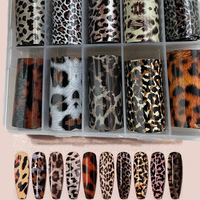 10Grids Stiker Foil Kuku Motif Leopard Pink Coklat, Stiker Transfer Pola Y2K Seksi dan Liar, Slider Dekorasi Manikur