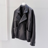 Blouson Moto Femme en Cuir de Mouton Texturé Grande Taille Imperméable avec Fermeture Éclair, Col Revers Multi-Couches et Grandes Poches – Idéal Printemps