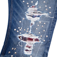 Jean en denim déchiré et délavé bleu foncé avec rivets, coupe droite ample, style vintage et décontracté pour homme, personnalisable en marque privée