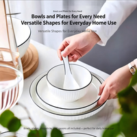 Service de vaisselle en céramique sous glaçure haute température au design minimaliste et motif rayé - Bol, assiette, cuillère, articles cadeaux