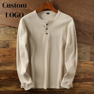 T-shirt Henley thermique en coton à manches longues et col ras du cou, coupe décontractée, couleur unie, en tissu gaufré, pour homme - Product Image 1