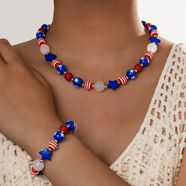 New Style American Flag Blue Stars Red and White Striped Beaded Elastic Necklace Bracelet for Women