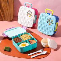 Boîte à bento en plastique pour enfants C6 grande capacité, conteneur de stockage alimentaire portable, boîte à lunch à 4 compartiments avec bol à soupe, motif dessin animé