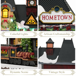 Casas de Pueblo Navideñas de Resina Duradera y Ecológica con Luces LED, Figuras de Trenes de Pueblo, Escena Musical Navideña - Product Image 4
