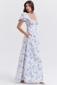 Abito lungo estivo casual da donna OEM elegante blu <span class=keywords><strong>con</strong></span> stampa floreale, linea ad A, maniche a palloncino corte - Product Image 5