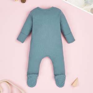 新生儿春季棉氨纶长袖实心脚拉链连身衣婴儿睡衣 - Product Image 4