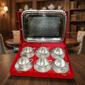 Juego de vajilla de latón plateado pulido y grabado con platillo y taza, con bandeja, para bodas, Navidad y Diwali - Product Image 2
