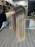 Perruque juive de luxe pour femme, en cheveux humains bruts de qualité supérieure, texture européenne douce, balayage blond avec racines foncées, nœuds simples, dessus en dentelle