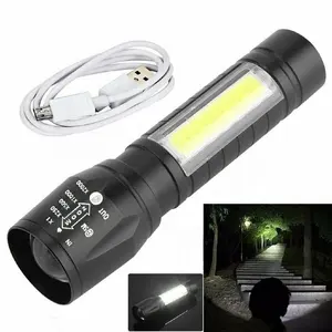 Linterna portátil impermeable T6 COB LED táctica recargable por USB, linterna de Camping con zoom, luz de enfoque, 3 modos