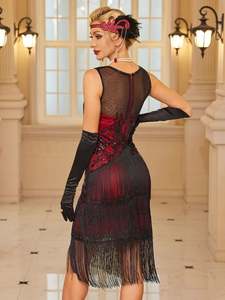 1920 년대 플래퍼 드레스 프린지 스팽글 위대한 개츠비 영감 특종 목 민소매 포효 20 년대 칵테일 파티 의상 짠 직조 - Product Image 6