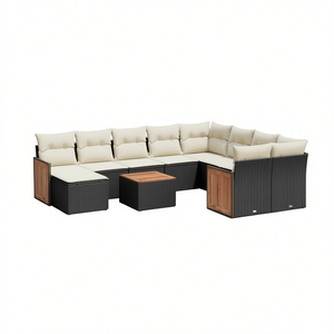 Ensemble de canapés de patio en polyrotin noir avec coussins, 11 pièces, mobilier de jardin extérieur, design contemporain, accents en bois de teck - Product Image 1