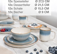 Moritz Moritz TARENTO Ensemble de vaisselle élégant en grès rond avec incrustations dorées pour 12 personnes, 48 pièces, comprenant 12 assiettes à dîner, à dessert et à soupe