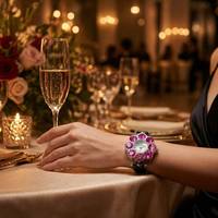 Jam Tangan Wanita Vintage Perak Kristal Pink Berbentuk Bunga dengan Tali Kulit Hitam Jam Tangan Perhiasan Kuarsa.