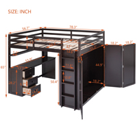 Lit mezzanine pleine grandeur avec tiroirs, bureau et armoire, lit mezzanine multifonctionnel en pin, expresso