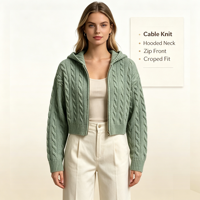 Kajsa – Nouveaux cardigans tricotés sur mesure pour femmes, OEM & ODM, de haute qualité, en maille torsadée menthe, avec fermeture éclair et capuche, hauts tricotés à manches longues, vente en gros