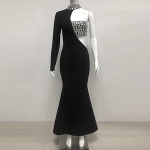 أسود فاخر للضمادة Bodycon مساء اللباس الأنيق نمط حورية البحر ثوب الكتف واحد مع حجر الراين لحفلة موسيقية - Product Image 2