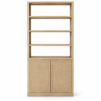 Meuble à vin avec portes en cannage tressé, étagères ouvertes en bois naturel et rangement de présentation, autoportant pour salle à manger ou bar