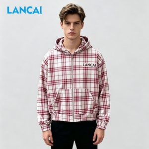 Sweat-shirts à capuche vintage surdimensionnés en coton 100% personnalisés, 350 grammes, avec imprimé à carreaux en flanelle sur les épaules, double fermeture éclair pour hommes - Product Image 2